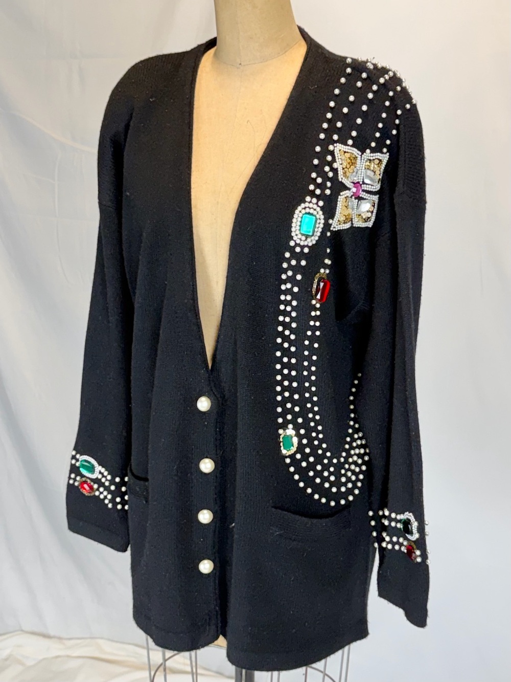 VINTAGE 80s glam bling knit sweater cardigan jewel pearl beads ruby emerald bold - Picture 4 of 14